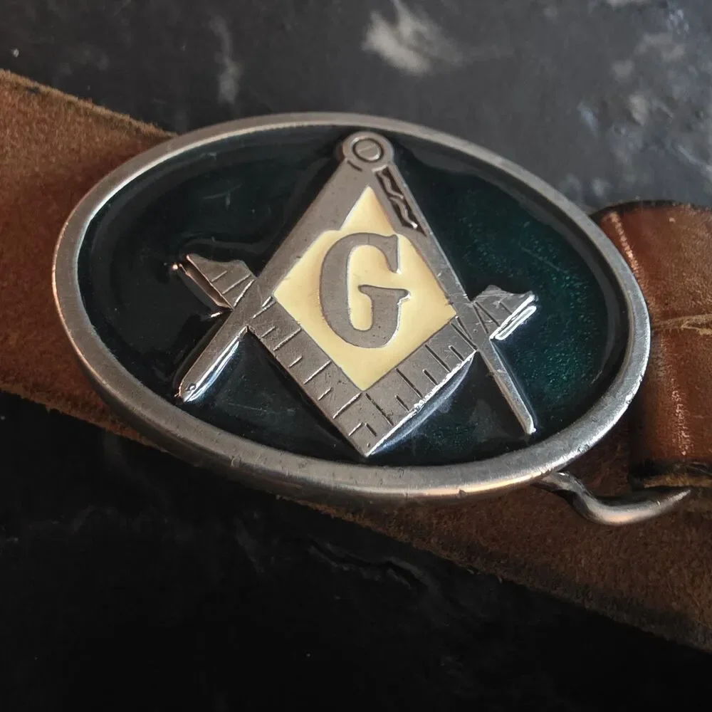Vintage Masonic Freemason Handcrafted Leather Belt Square Compass Buckle 42in